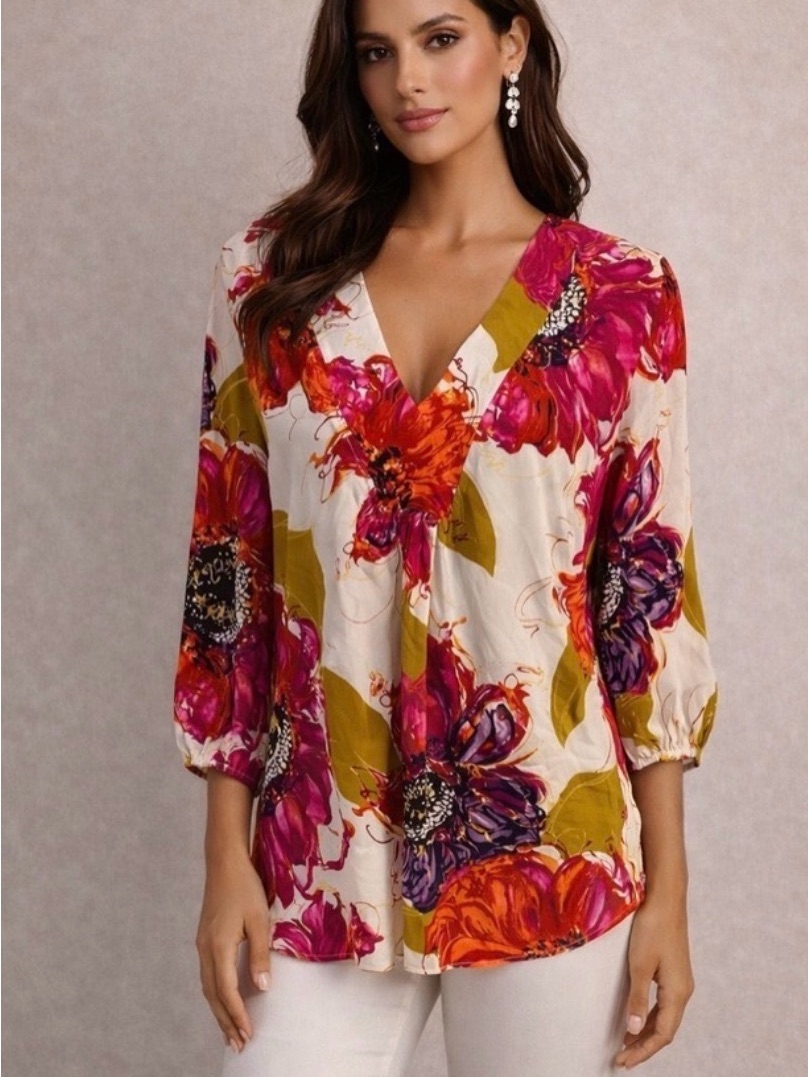 Trina Turk Silk Cream Pink Orange Floral V-Neck 3/4 Sleeve Blouse